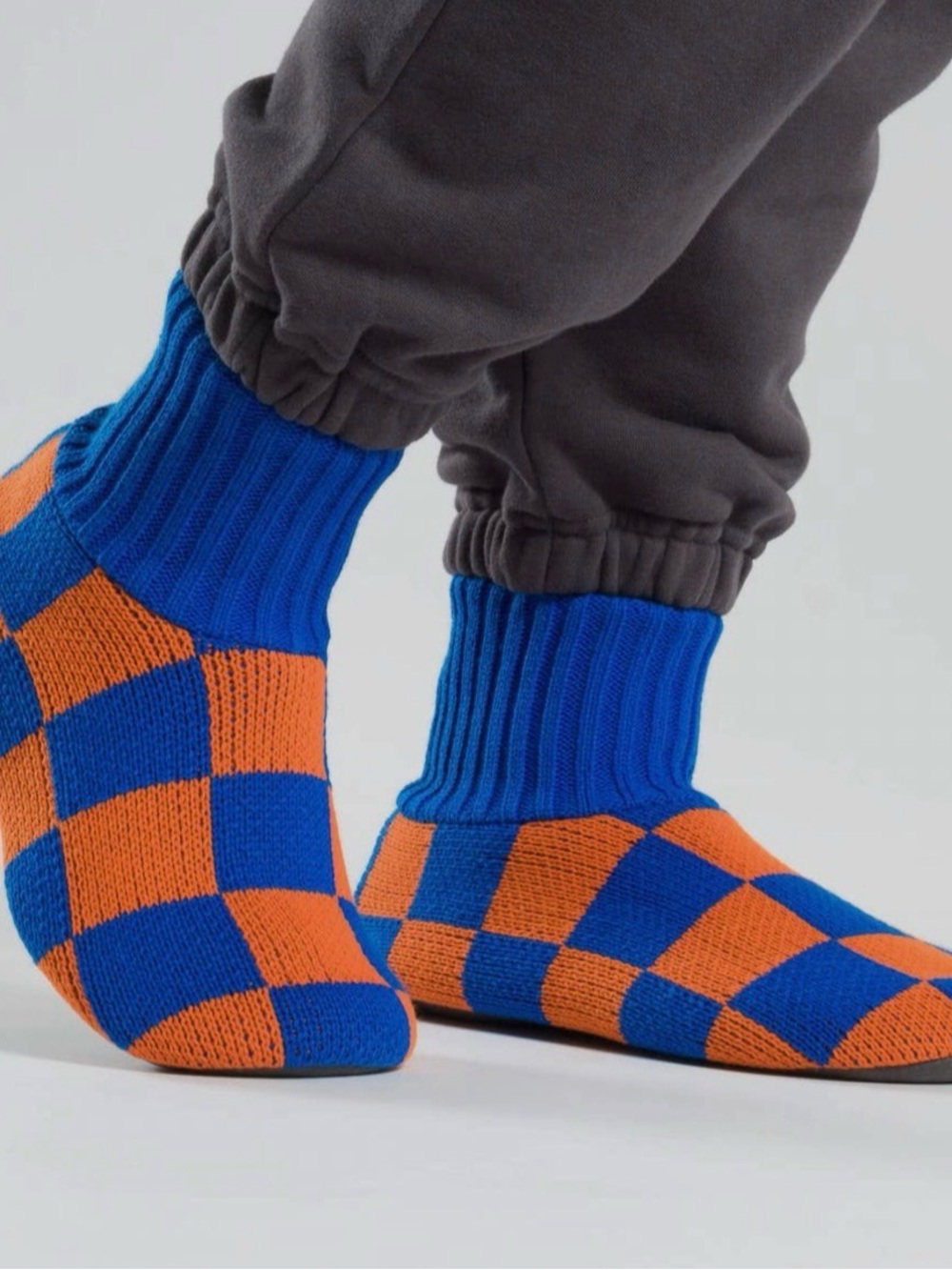 Checker Knit Casual Socks in Blue & Orange House Socks Soft Bottom